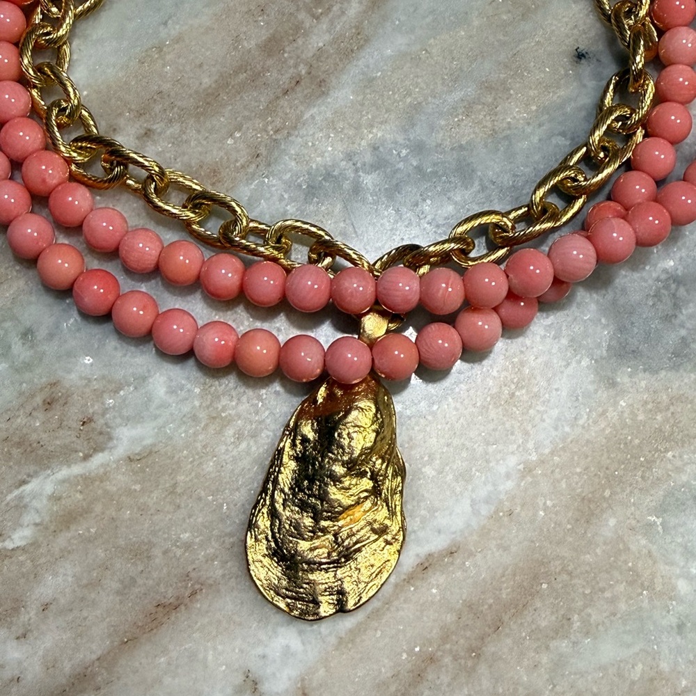 NWT SUSAN SHAW Pink and Gold Beaded Oyster Necklace - Picture 2 of 6